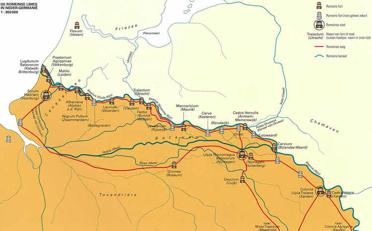 Kaart: de Romeinse Limes in Neder-Germanië